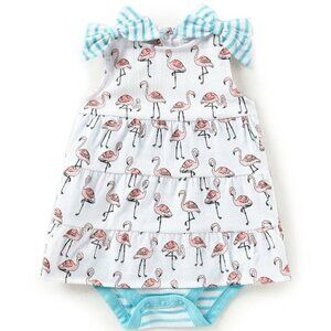 Starting Out White Dress w/ Pink Flamingo Pattern, Blue & White Striped Bodysuit